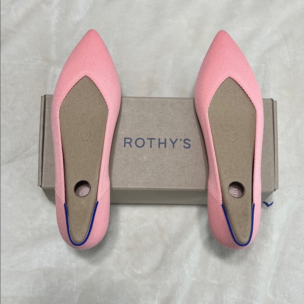 NEW - Rothy's Pink Pointed-Toe Knit Flats with Blue Heel Trim - Picture 5 of 9